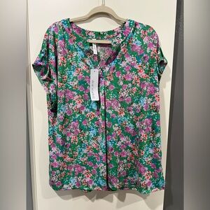Dear Scarlett Green Floral Button-Front Short Sleeve Tunic